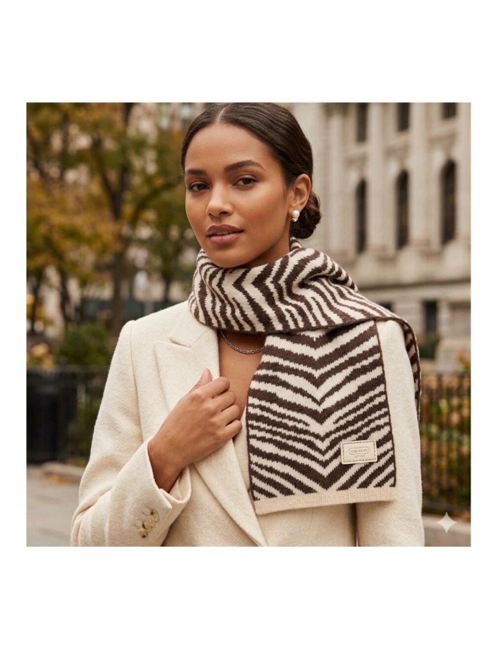 Coach Soft Wool Blend Scarf Brown Cream Zebra Pattern Logo Unisex